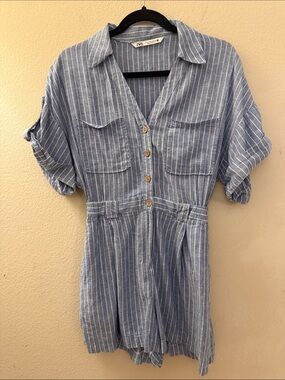 Zara Light Blue & White Striped Linen Romper